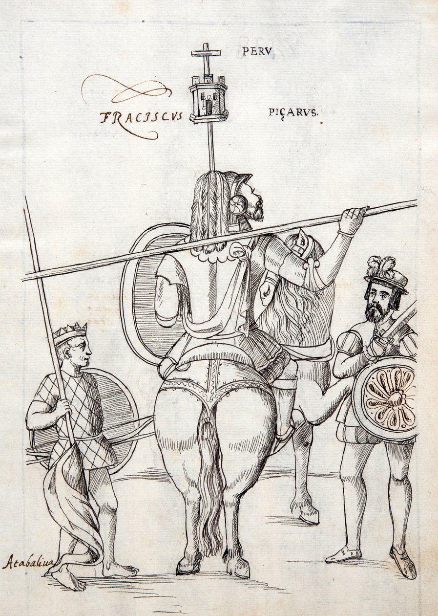 MS Hunter 242 f.248r Picarus neboli Pizarro a válečný kůň, ilustrace z Historia de Tlaxcala od Diega Munoze Camarga od Mexican School