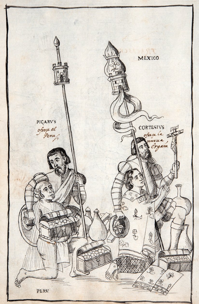 MS Hunter 242 f.248v Picarus (Pizarro) představuje Peru a Cortesius (Cortes) Nueva Espana, ilustrace z Historia de Tlaxcala od Diega Munoze Camarga od Mexican School