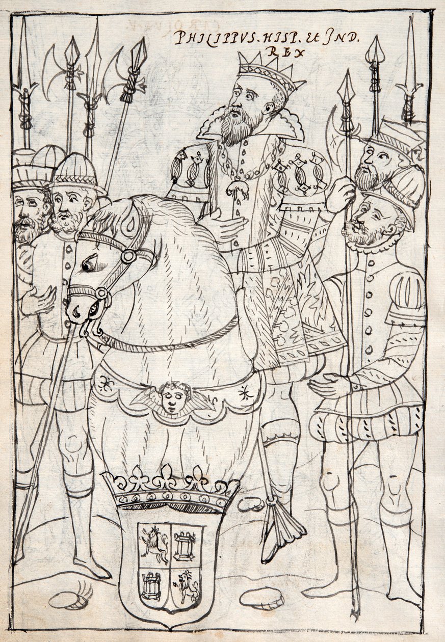 MS Hunter 242 f.249v Philip II sedí na koni, nosí řád Zlatého rouna, obklopený ozbrojenci, ilustrace z Historia de Tlaxcala od Diega Munoze Camarga (pero a inkoust od Mexican School