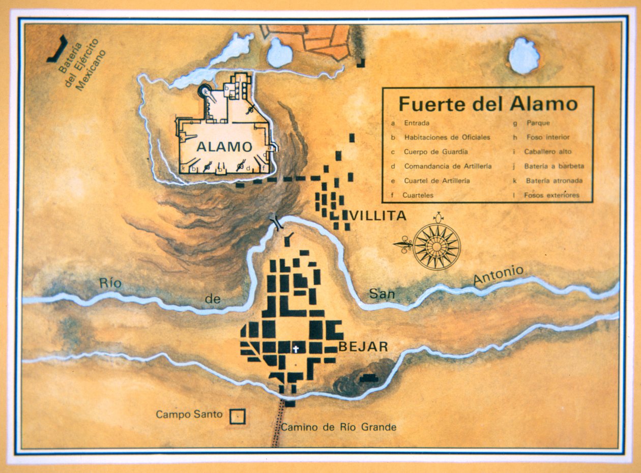 Mapa oblasti Alamo v San Antoniu založená na původní mapě bojiště Santa Anny od Mexican School
