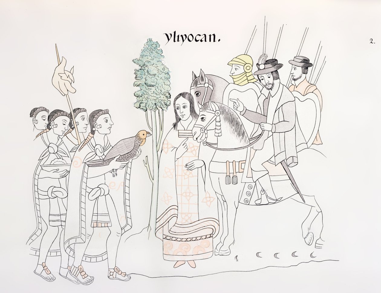 Setkání Hernanda Cortese (1485-1547) a Aztéků, ilustrace z faksimile mexické indiánské obrazové historie Lienzo de Tlaxcala z roku 1550, 1892 od Mexican School