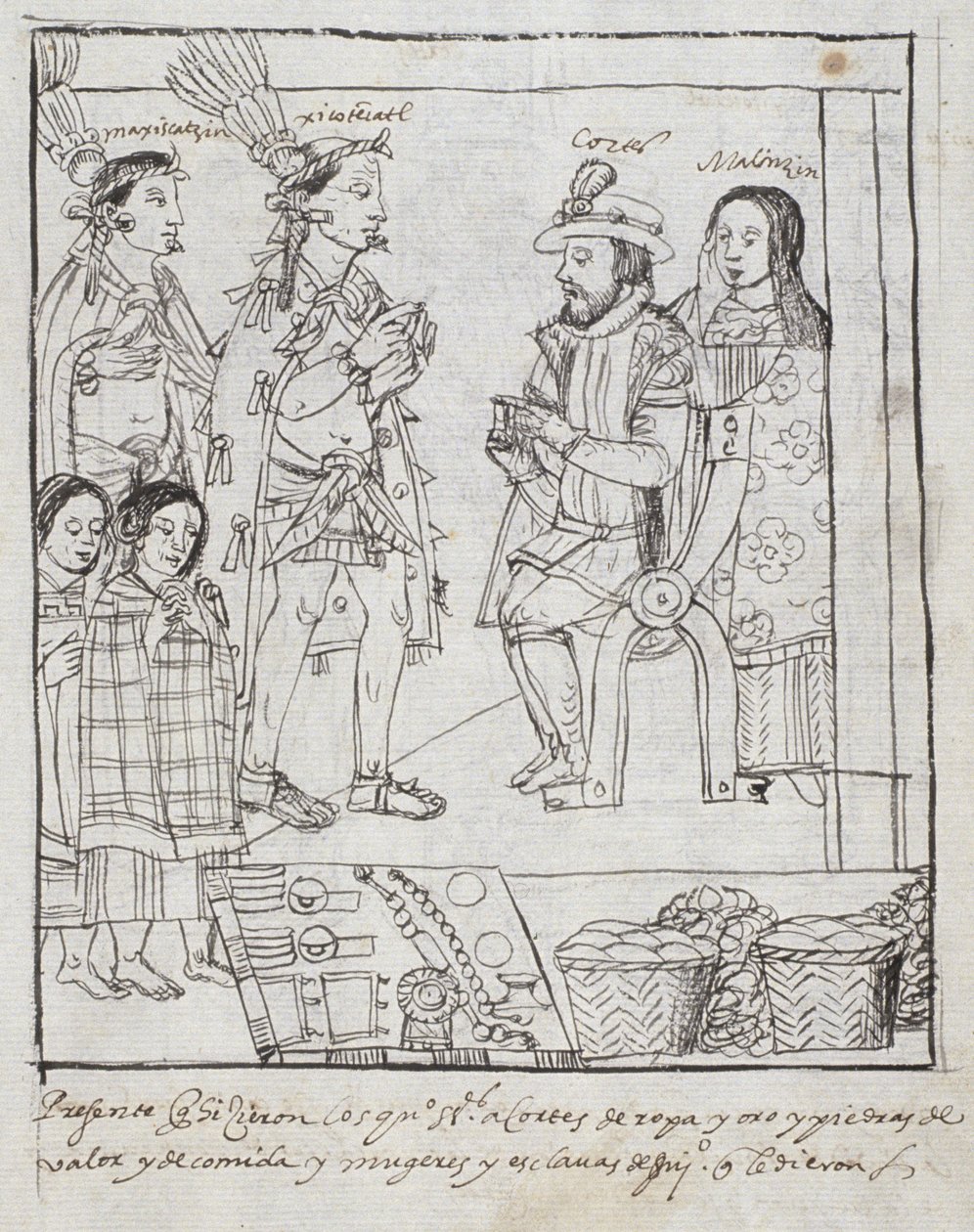 Montezuma se setkává s Cortez Ms Hunter 242 f.255r Conquest of Mexico, z Historia de Tlaxcala od Diega Munoze Camarga od Mexican School