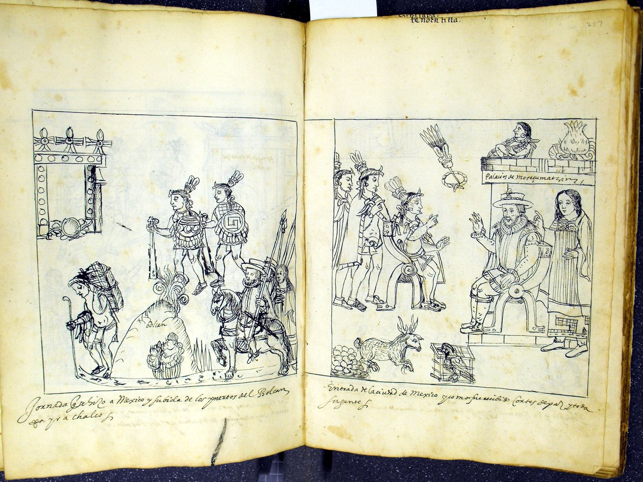 Ms Hunter 242 256v-257r Cortez a Montezuma, z knihy Historia de Tlaxcala od Diega Munoze Camarga od Mexican School