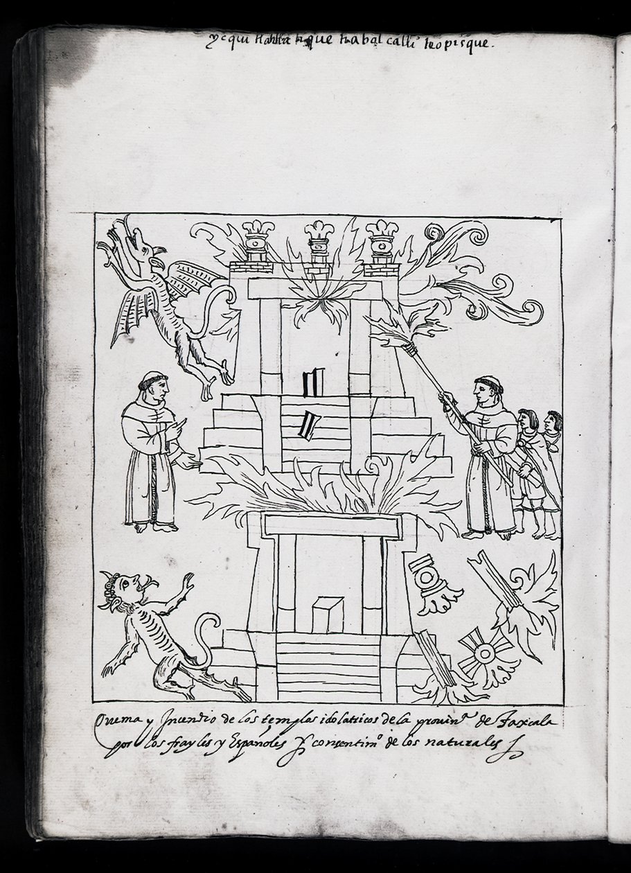 Ms Hunter 242 f.240v Františkáni hořící chrámy, ilustrace z Historia de Tlaxcala od Diega Munoze Camarga od Mexican School
