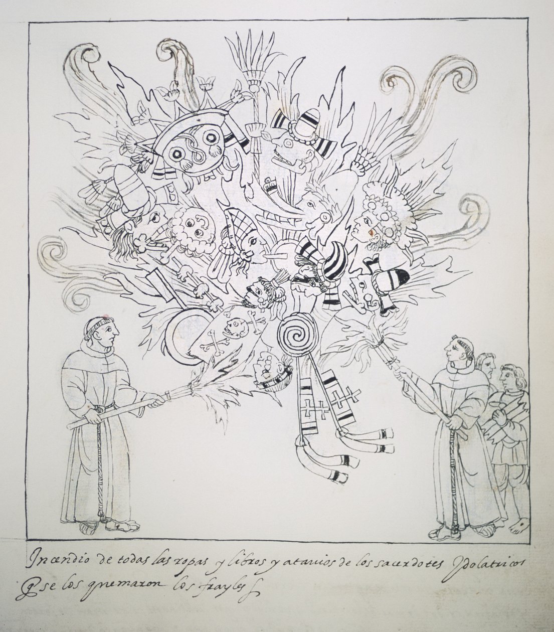Ms Hunter 242 f.242r Františkánští bratři pálí tradiční knihy a oblečení, z Historia de Tlaxcala od Diega Munoze Camarga od Mexican School