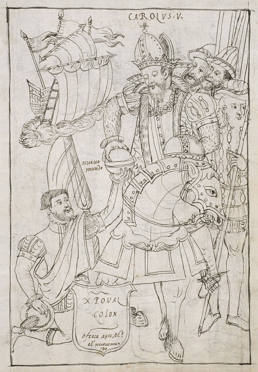 Ms Hunter 242 f.249r Christopher Columbus (1451-1506) Symbolicky nabízí Karlu V. (1500-08) Nový svět z Historia de Tlaxcala od Diega Munoze Camarga od Mexican School