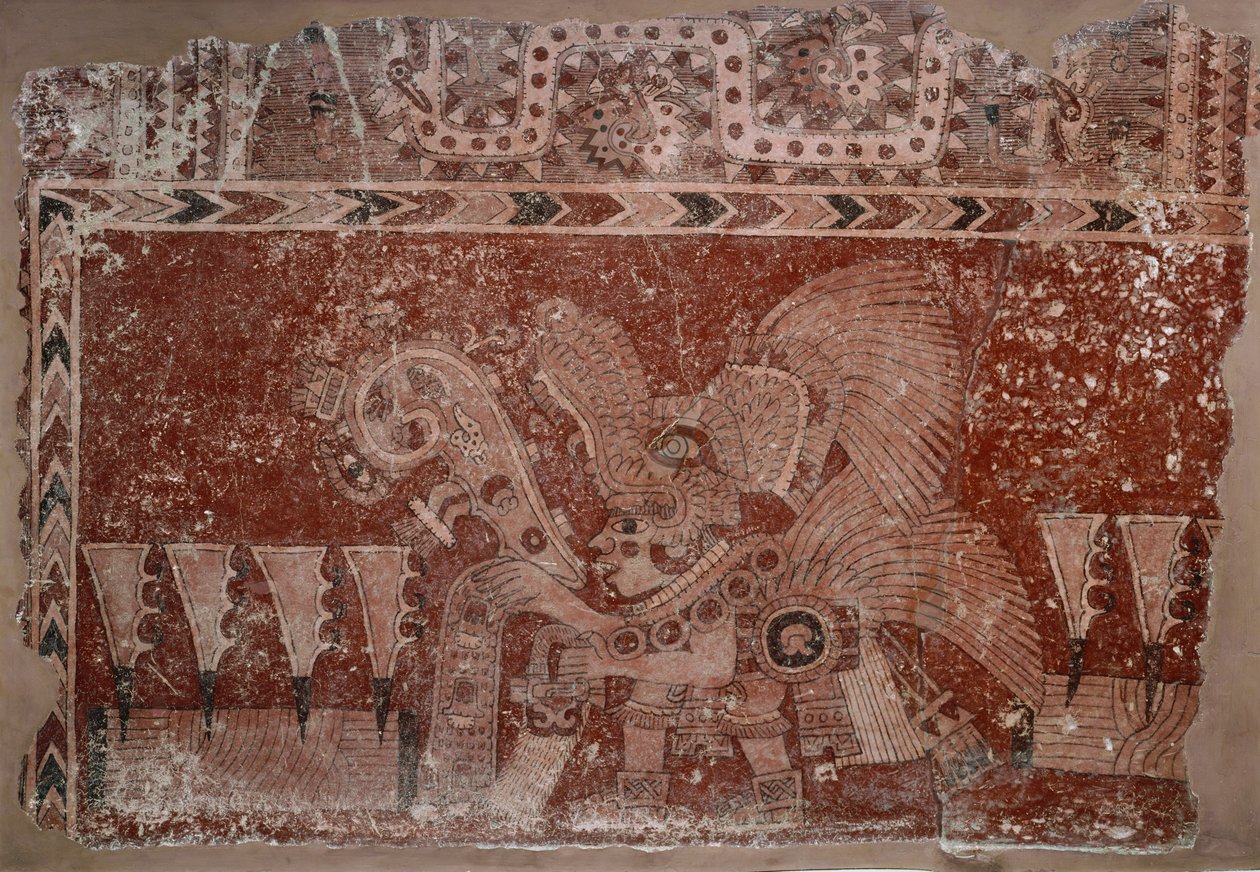 Fragment nástěnné malby s elitním samcem a listy kaktusu Maguey, styl Teotihuacán, klasické období, 500-550 od Mexican School