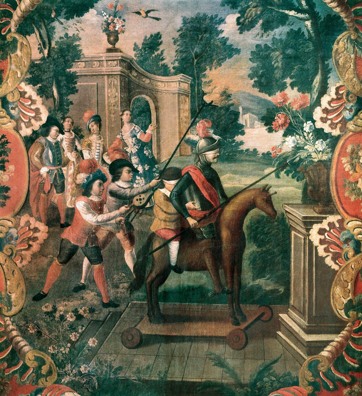 Scéna převzatá z „Don Quijote of the Channel“ (Důmyslný gentleman Don Quijote of La Mancha) od Miguela de Cervantes Saavedra (1547-1616) od Mexican School