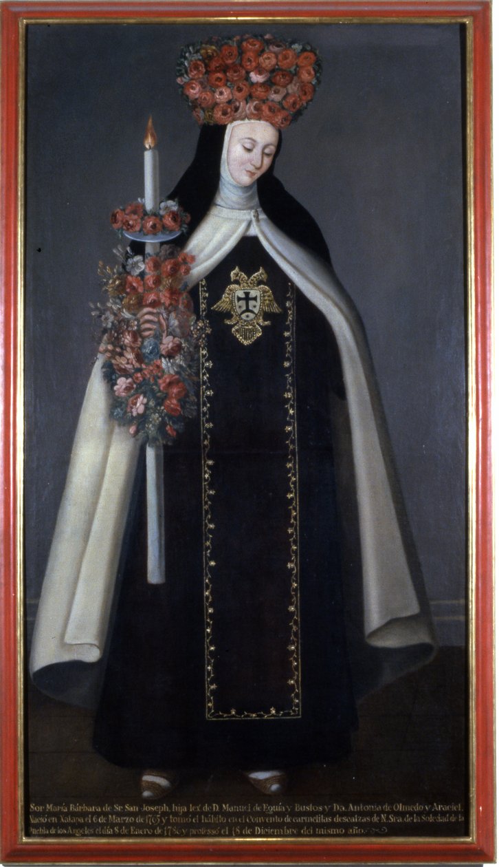 Sestra Maria Barbara de St. Joseph korunovaná květinami, klášter karmelitánů, Puebla, Mexiko od Mexican School