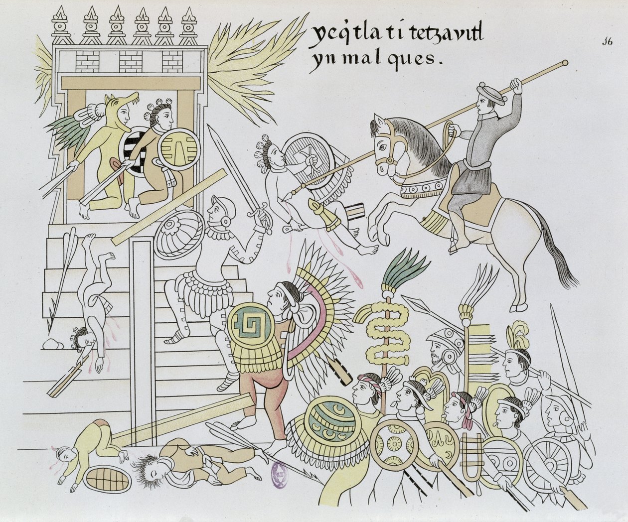 The Burning of the Idols od Hernana Cortese, ilustrace z faksimile dějin mexických indiánů Lienzo de Tlaxcala z roku 1550, 1892 (barevná rytina) od Mexican School
