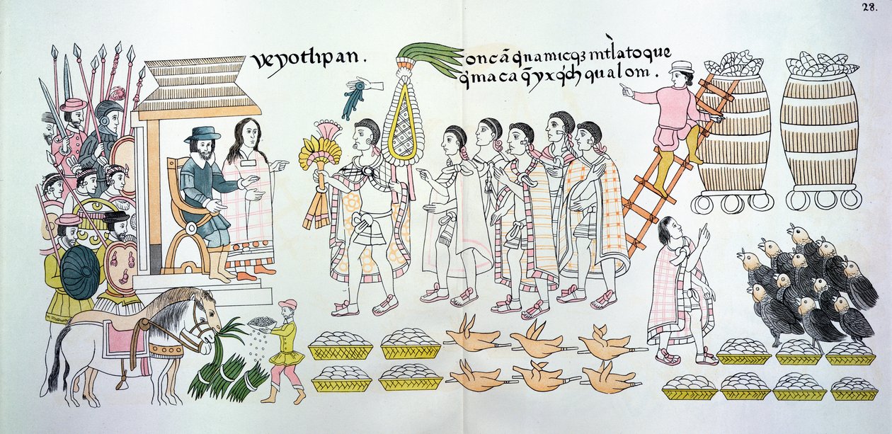 Tlaxcalanský náčelník Maxixcatzin předává kytici růží a další dary Hernandu Cortesovi (1485-1547) na uvítanou, ilustrace z faksimile obrazové historie mexických Indiánů od Mexican School