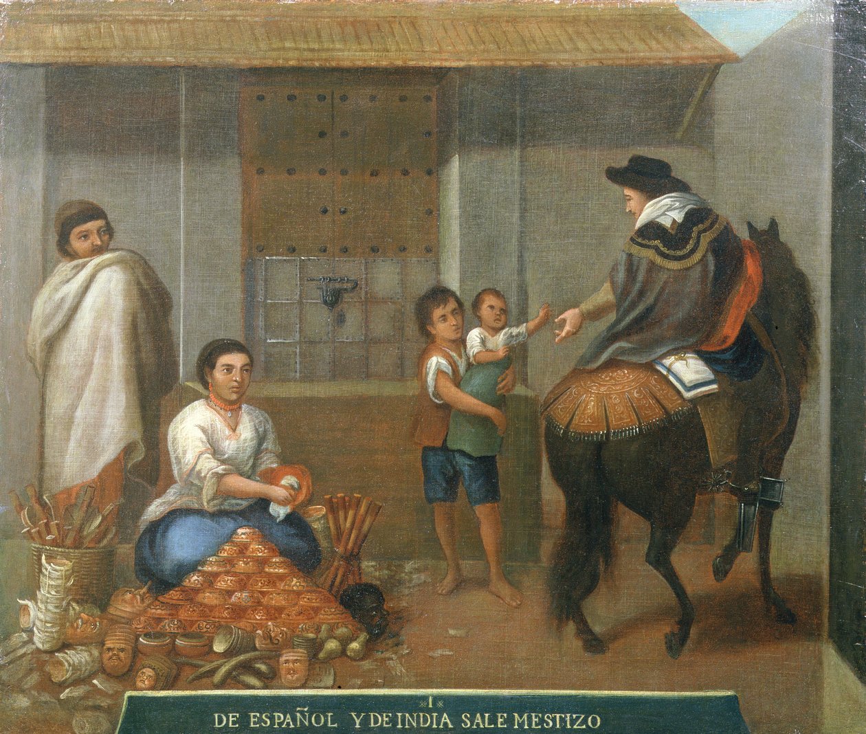 Tři postavy u stánku na trhu od Mexican School