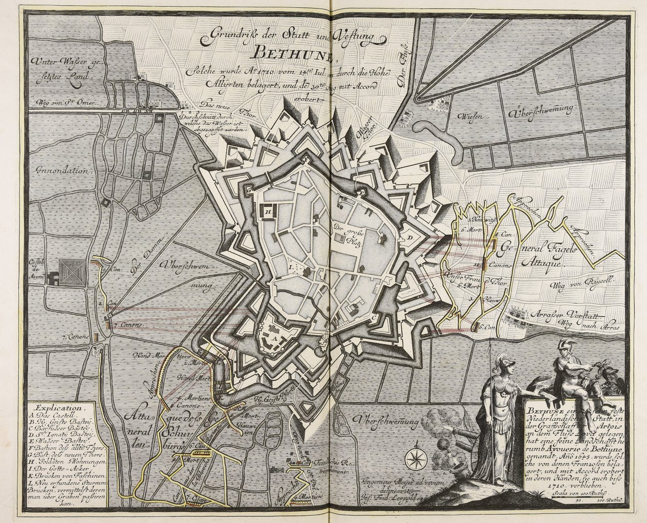 Půdorys města a pevnosti Bethune, kterou od 14. července 1710 obléhali vrchní spojenci. Iul. vrchními spojenci a dobyta 30. srpna. Aug. s Accordem dobyto / Engineer Meyer ad vivum delineavit. od Meyer