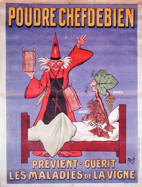 Plakát s reklamou „La Poudre Chefdebien“ k prevenci a léčbě nemocí vinné révy od Mich