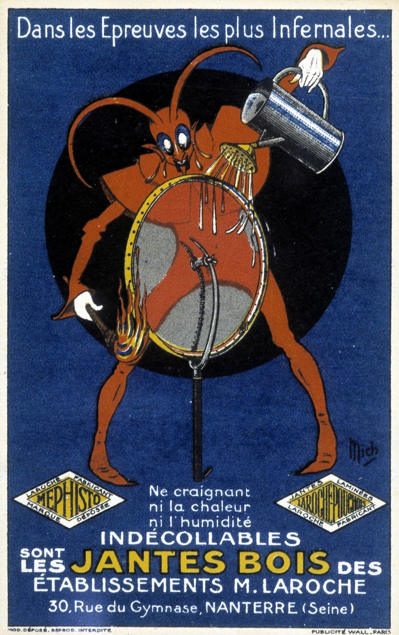 Červený ďábel před kolem kola ilustrující reklamu na dřevěné ráfky podniků Laroche (Nanterre) (rytina) od Mich