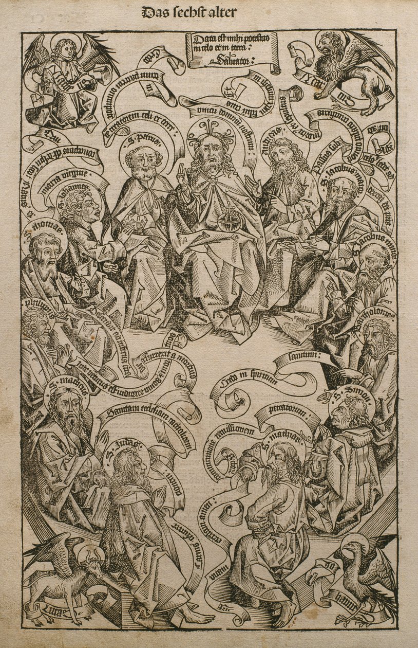 Bůh ve slávě se svatými, ilustrace z „Liber Chronicarum“ od Hartmanna Schedela (1440-1514) vydané v Norimberku, 1493 od Michael and Pleydenwurff, W. Wolgemuth