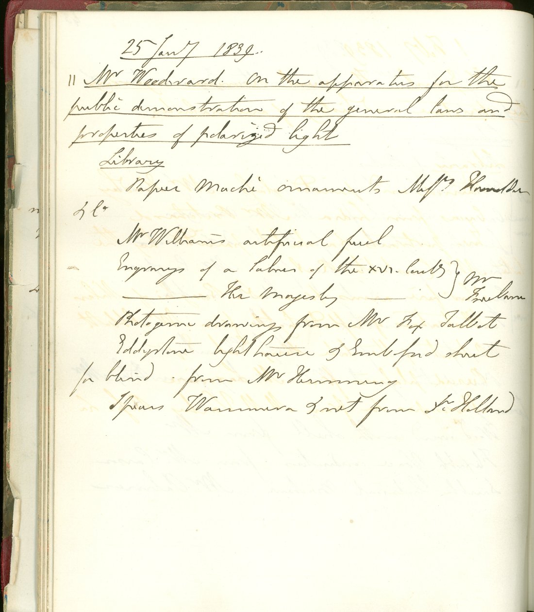 Stránka ze zápisníku Michaela Faradaye oznamující vystavení nových fotografických kreseb Williama Fox-Talbota v Royal Institution, 25. července 1839 od Michael Faraday