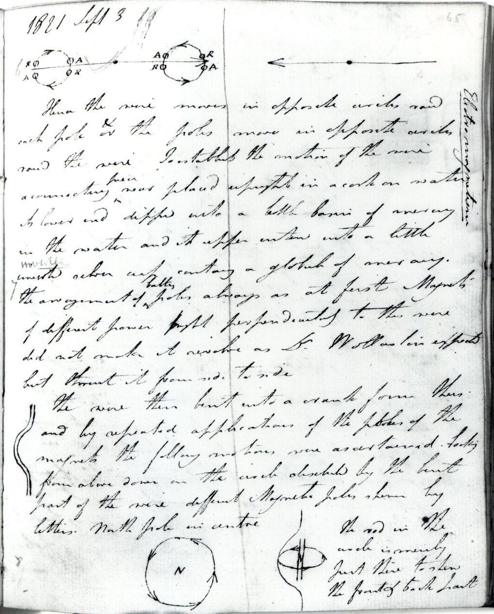 Strana 73 z Faradayova zápisníku o „Rotace aktuálního experimentu“, 3. září 1821 od Michael Faraday