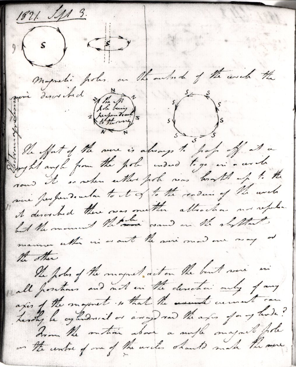 Strana 74 z Faradayova zápisníku o „Rotace aktuálního experimentu“, 3. září 1821 od Michael Faraday