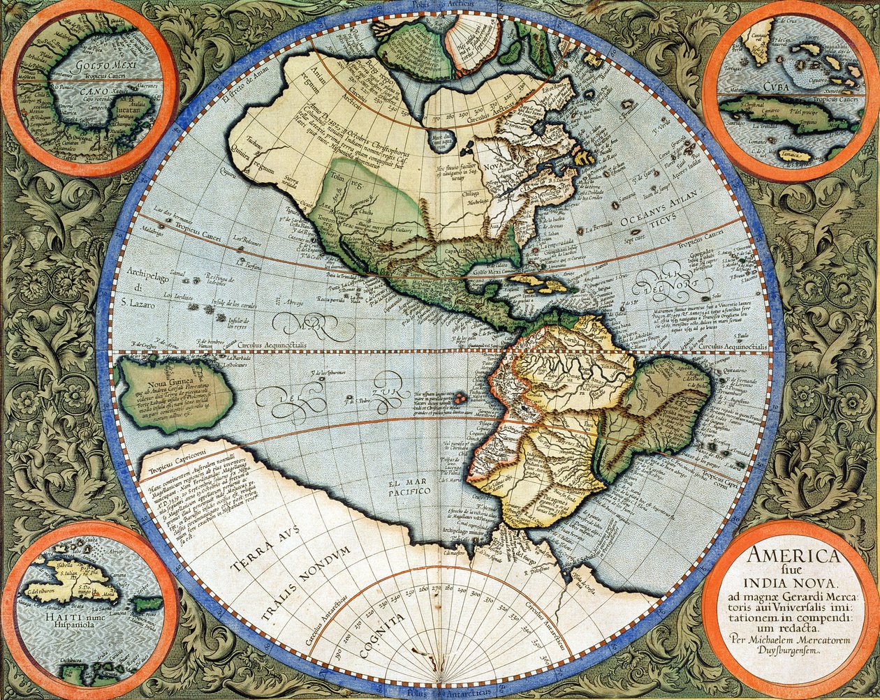 America nebo India Nova, z „Kosmografických úvah Atlasu o stvoření a stvoření světa“, publikované v roce 1595 od Michael Mercator