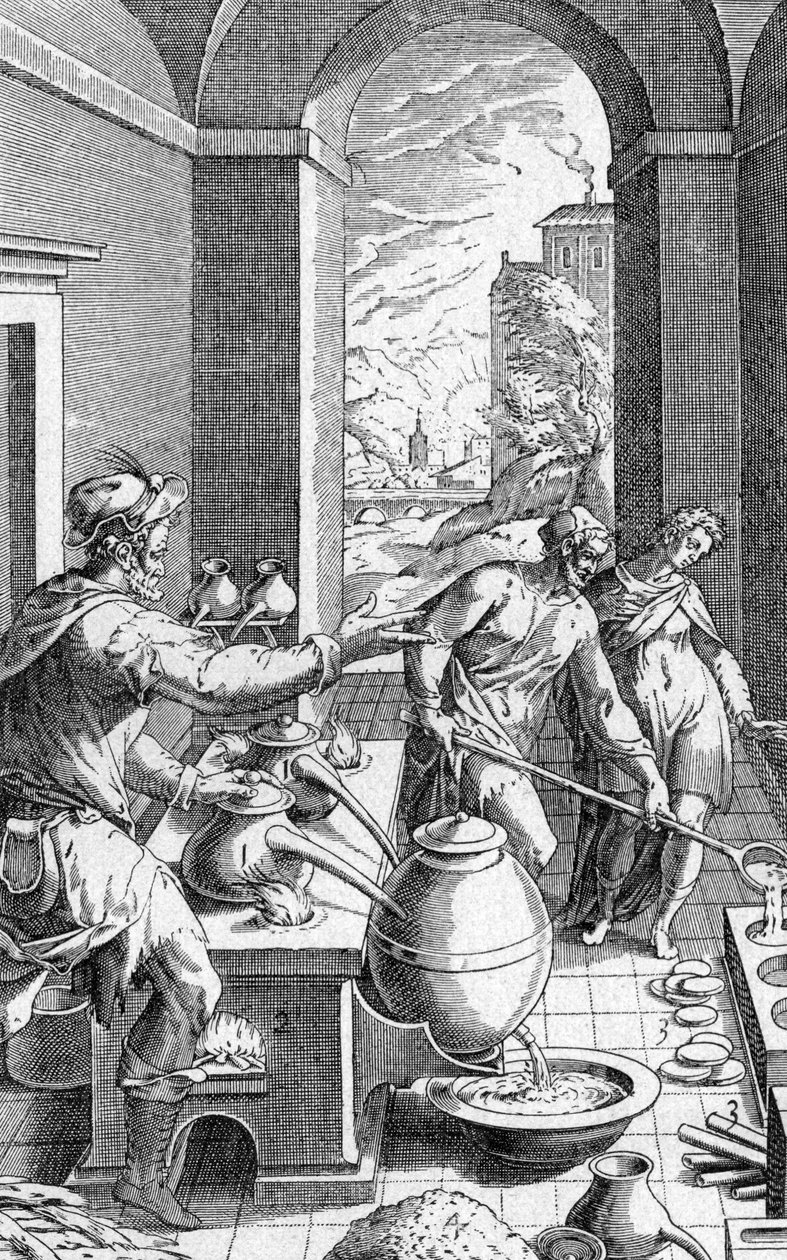 Alchymista ve své dílně, rytina z Metallotheca od Michele Mercati (1541-1593) hospoda. 1719 od Michael Mercator