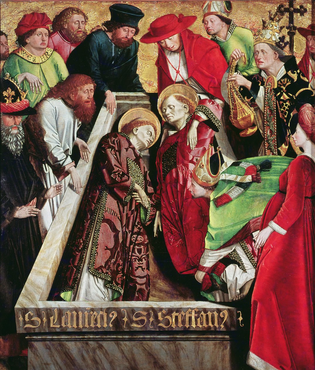 Pohřeb svatého Štěpána a svatého Vavřince v Římě, z oltářního obrazu svatého Štěpána, kolem roku 1470 od Michael Pacher