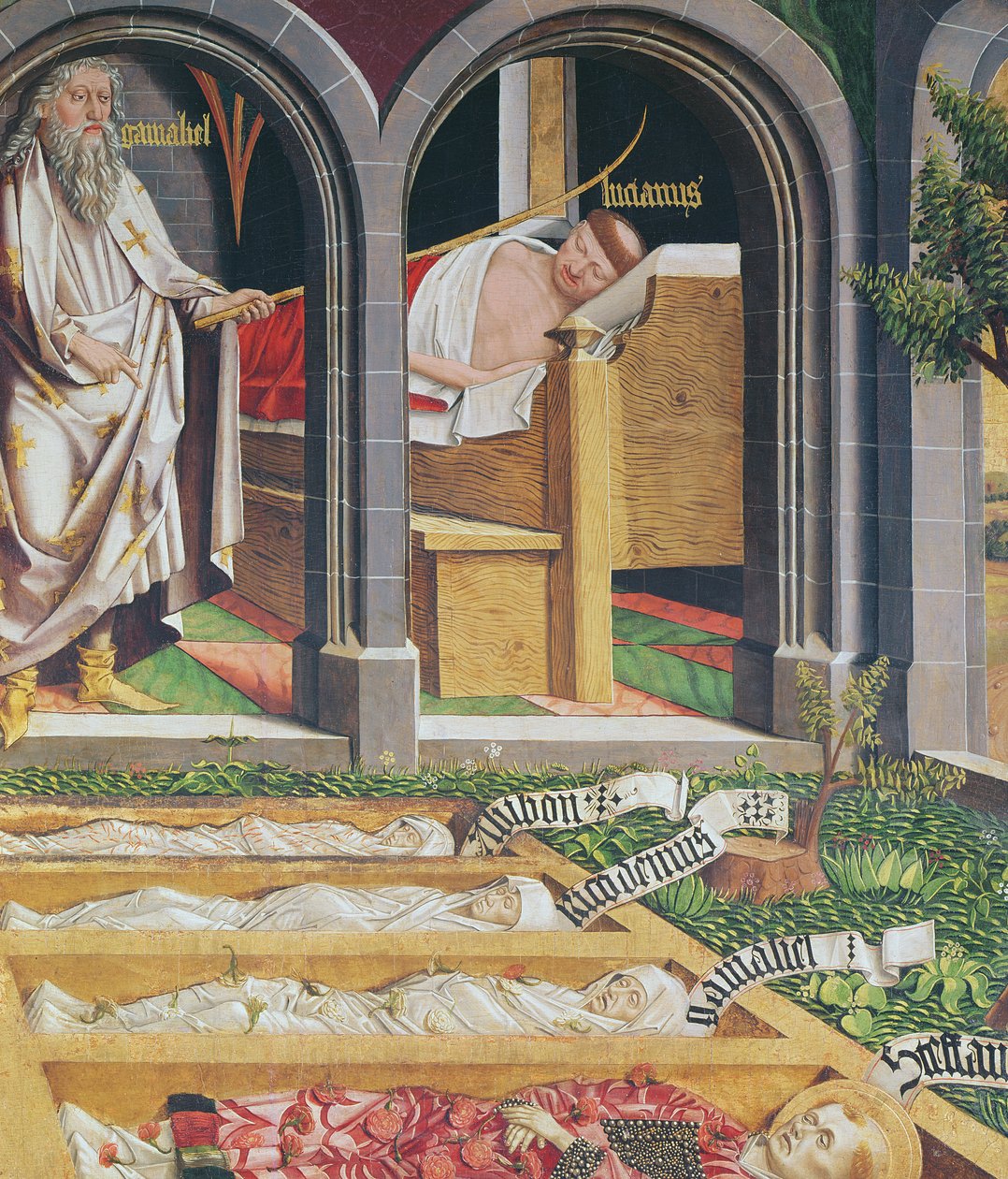 Zjevení Gamaliela knězi Lucienovi z oltářního obrazu sv. Štěpána, kolem roku 1470 od Michael Pacher