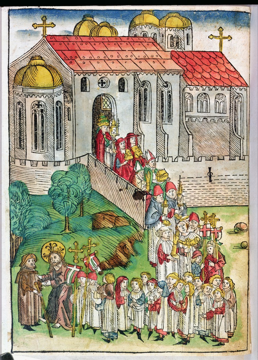 Poutník ze Santiaga de Compostela a procesí, 1491 (barevný dřevoryt) od Michael Wolgemut