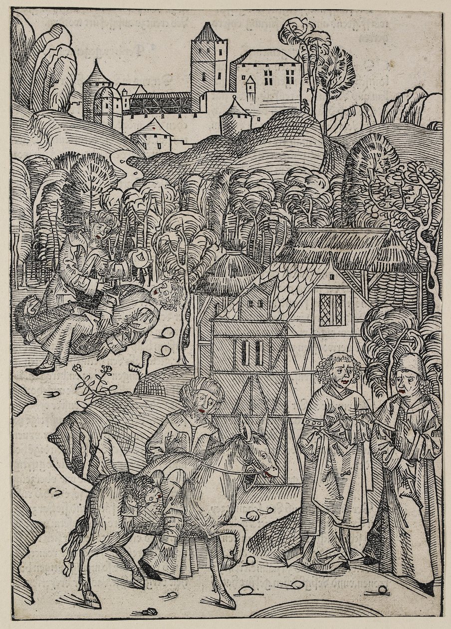 Druhá část podobenství o milosrdném Samaritánovi, c. 1491 (dřevořez, přepracován červeným akvarelem, verso knihtisk) od Michael Wolgemut