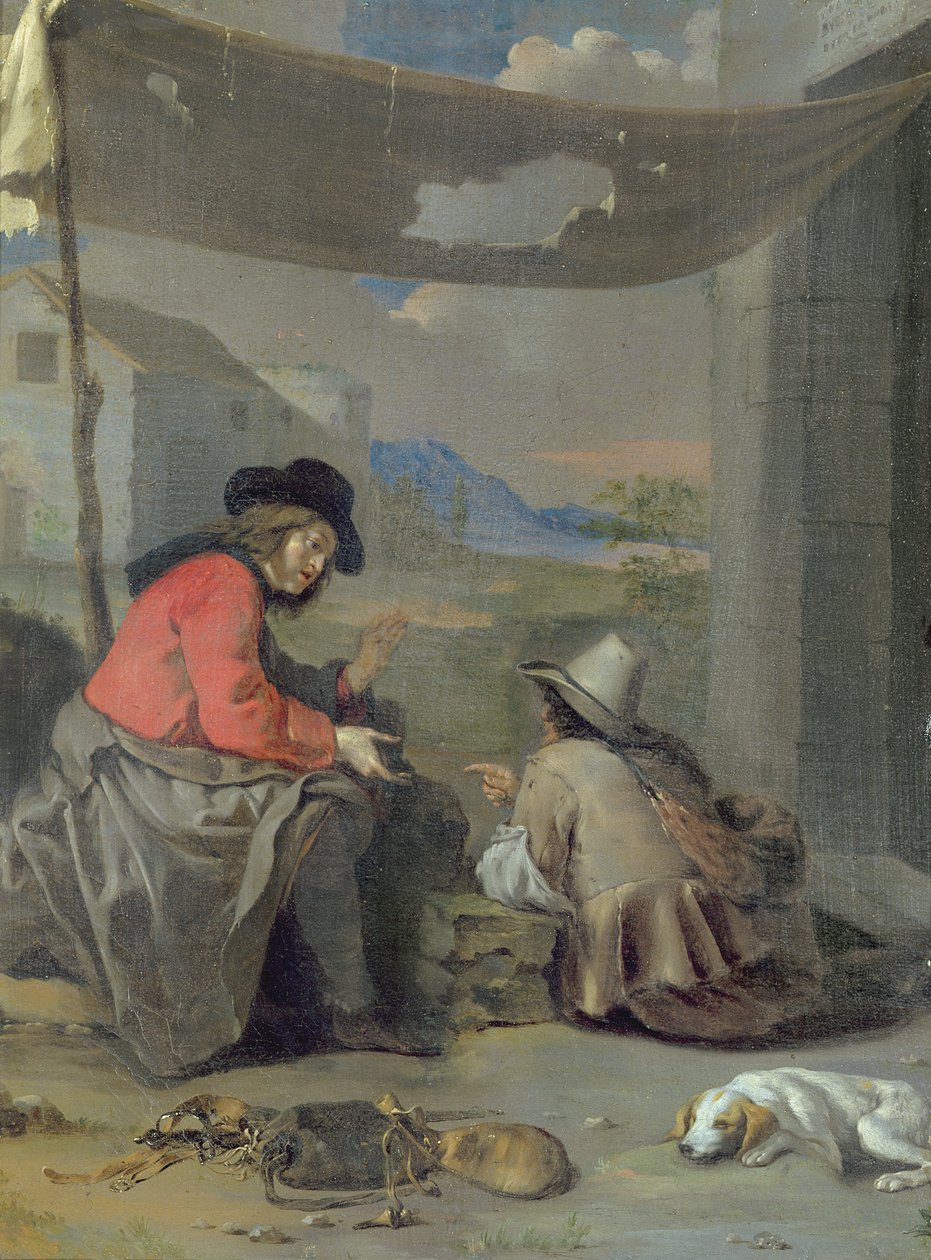 Dvě postavy sedící se psem (olej na palubě) od Michael (attr. to) Sweerts