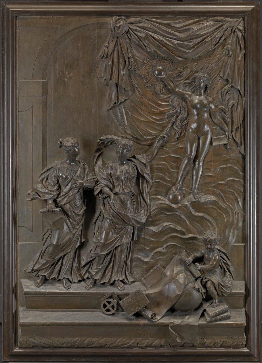 The Stowe Reliefs: Pravděpodobně se odhaluje pravda liberálním uměním, kolem roku 1715 (bronzované lipové dřevo) od Michael (attr.to) Chuke