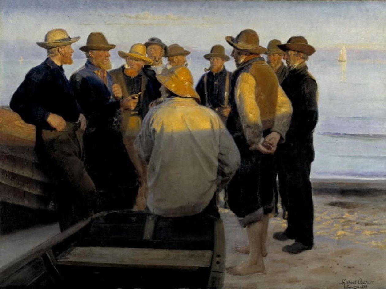 Rybáři u moře za letního večera od Michael Ancher