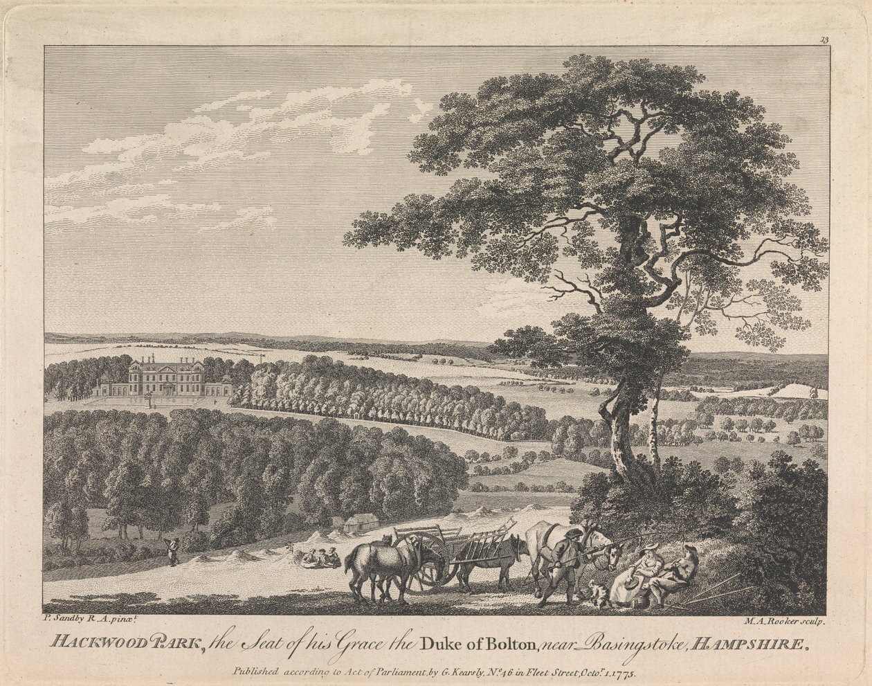 Hackwood Park, sídlo jeho milosti vévody z Boltonu poblíž Basingstoke, Hampshire (vyd. G. Kearsly); strana 19 (svazek druhý) od Michael Angelo Rooker