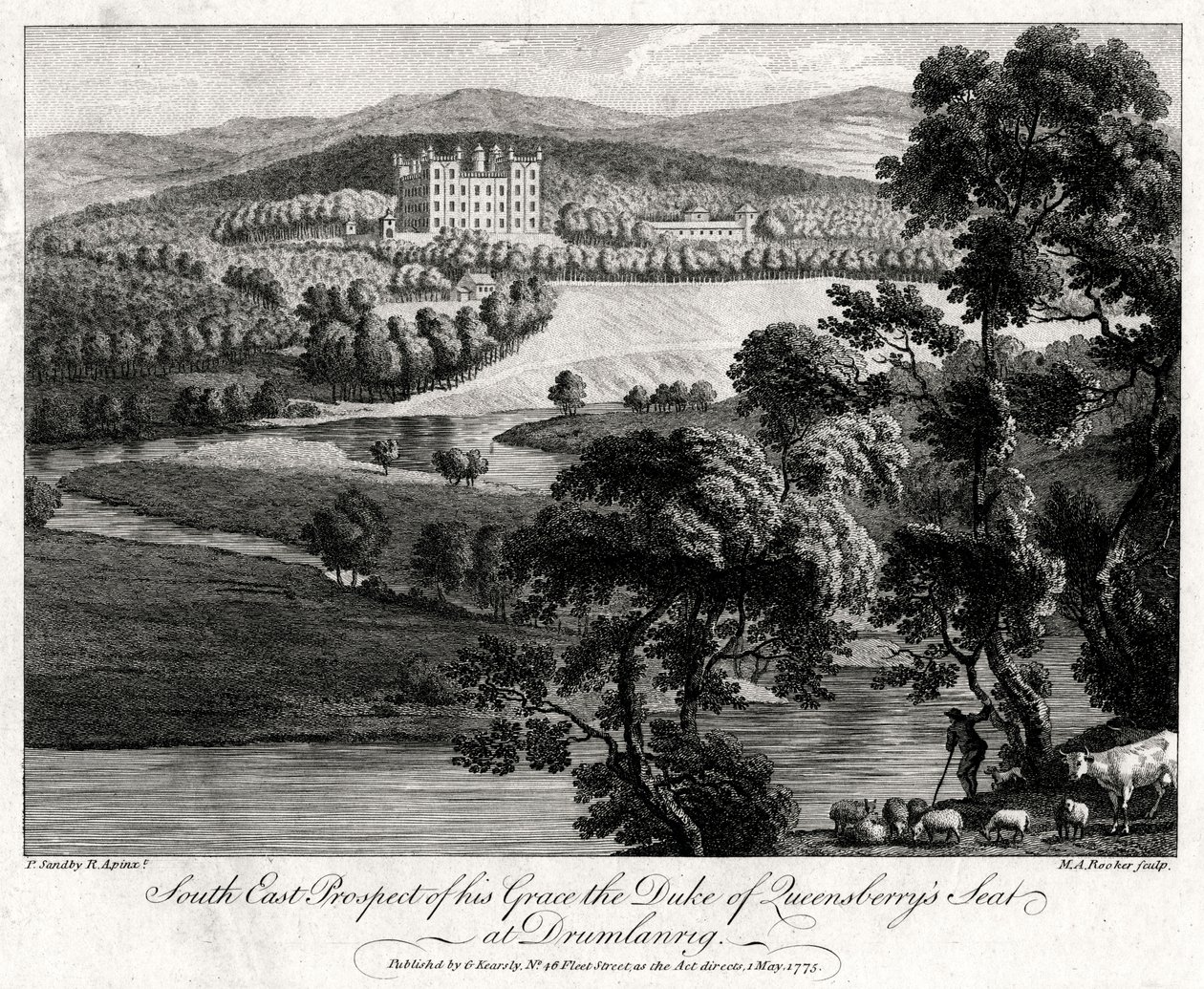 South East Prospect of his Grace the Duke of Queensberrys sídlo v Drumlanrig, Skotsko, 1775 od Michael Angelo Rooker