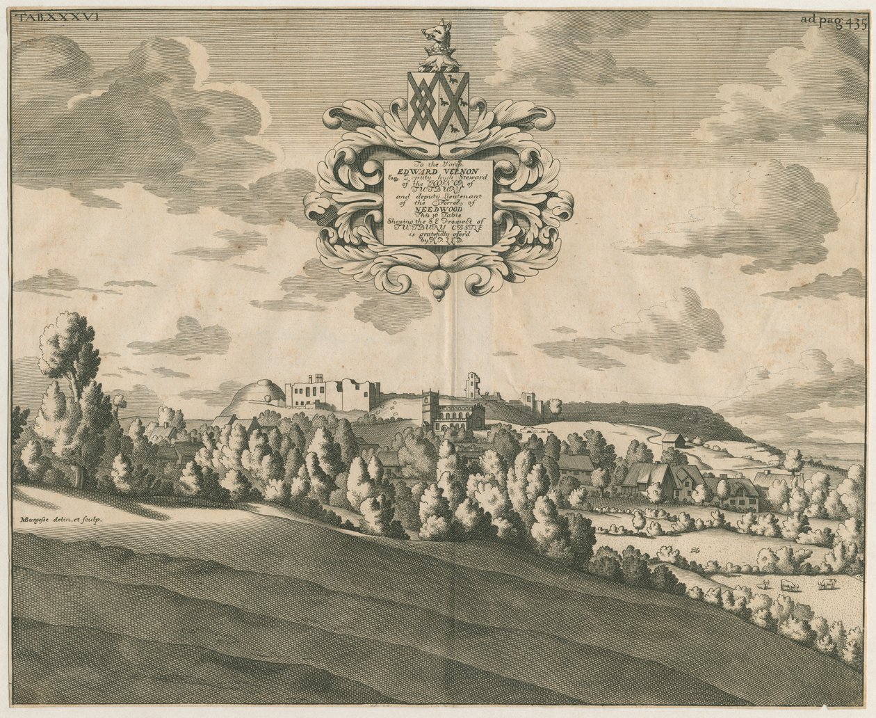 Hrad Tutbury – pohled do dálky: mědirytina, nd [c 1686] od Michael Burghers