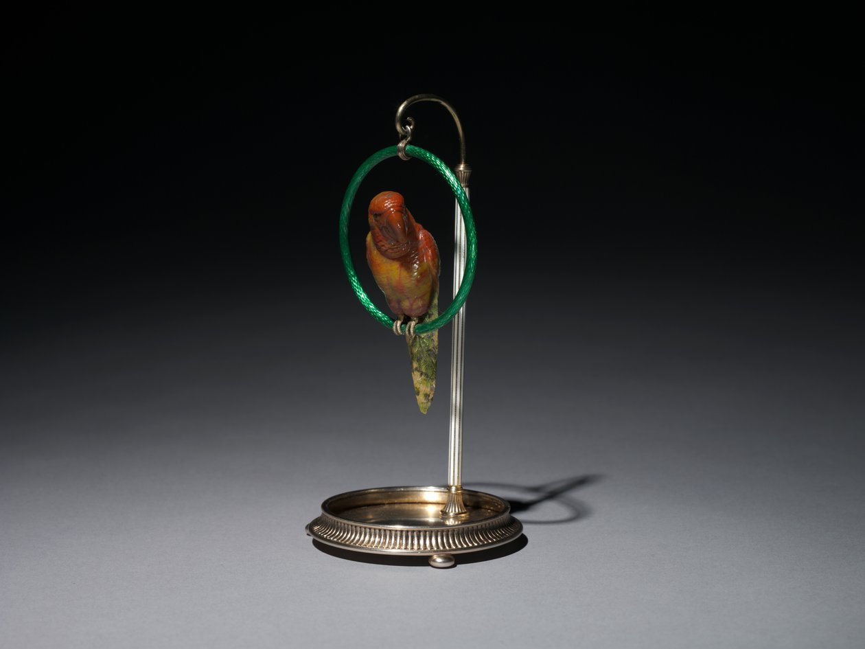 Papoušek na bidélku (Parrot), firma Peter Carl Fabergé (1846-1920) od Michael Evlampievich Perkhin
