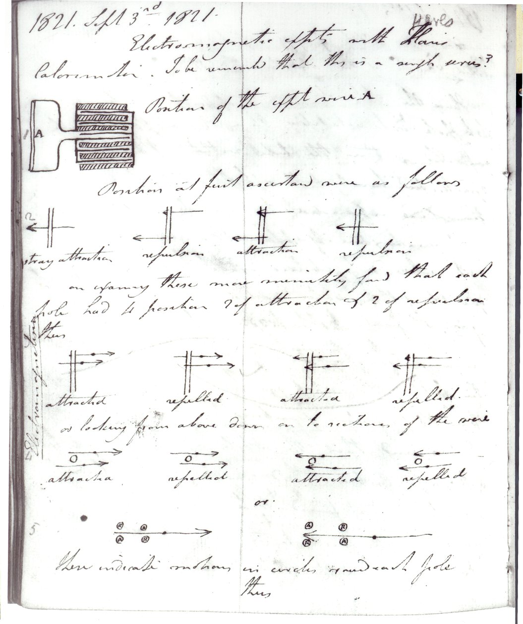 Strana 72 z Faradayova zápisníku o pokusu s rotací proudu, 3. září 1821. od Michael Faraday