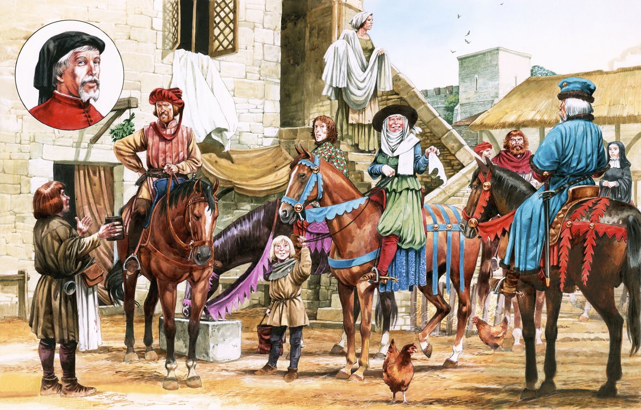 Canterburské povídky. Poutníci vycházející z hostince Tabard Inn. od Michael Godfrey