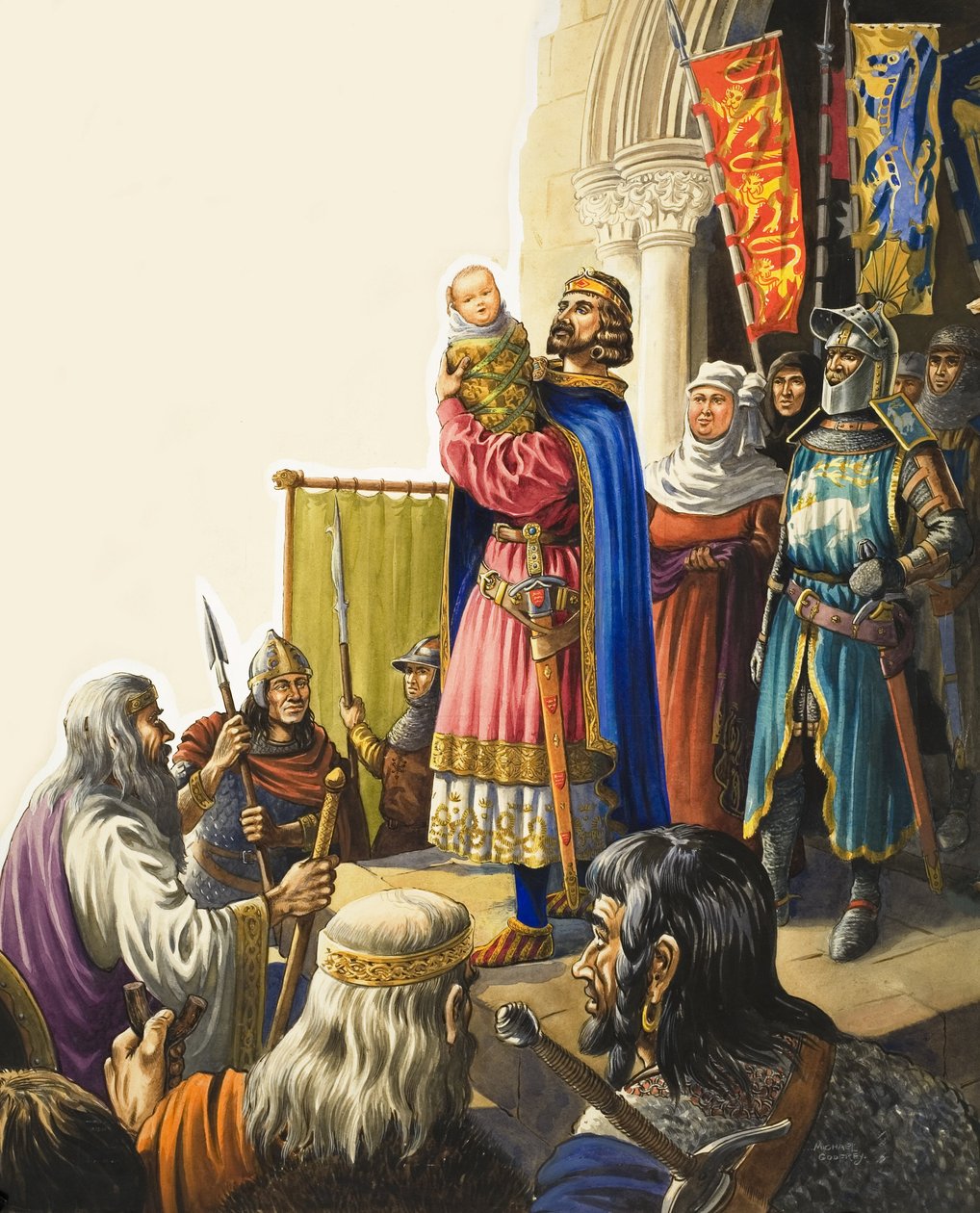 Král Eduard I. (1239-1307) představuje svého malého syna (kvaš na papíře) od Michael Godfrey