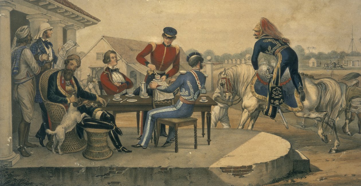 Coffee Party na vojenské stanici v Indii, kolem roku 1850 (barevná rytina) od Michael Hanhart