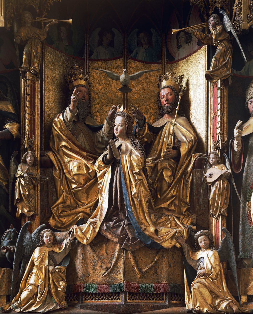 Korunovace panenského oltáře, cca 1470-1480, od Michaela Pachera (zemřel 1498), vyřezávané dřevo, starý farní kostel Gries, San Quirino, Bolzano, Trentino-Alto Adige, Itálie od Michael Pacher