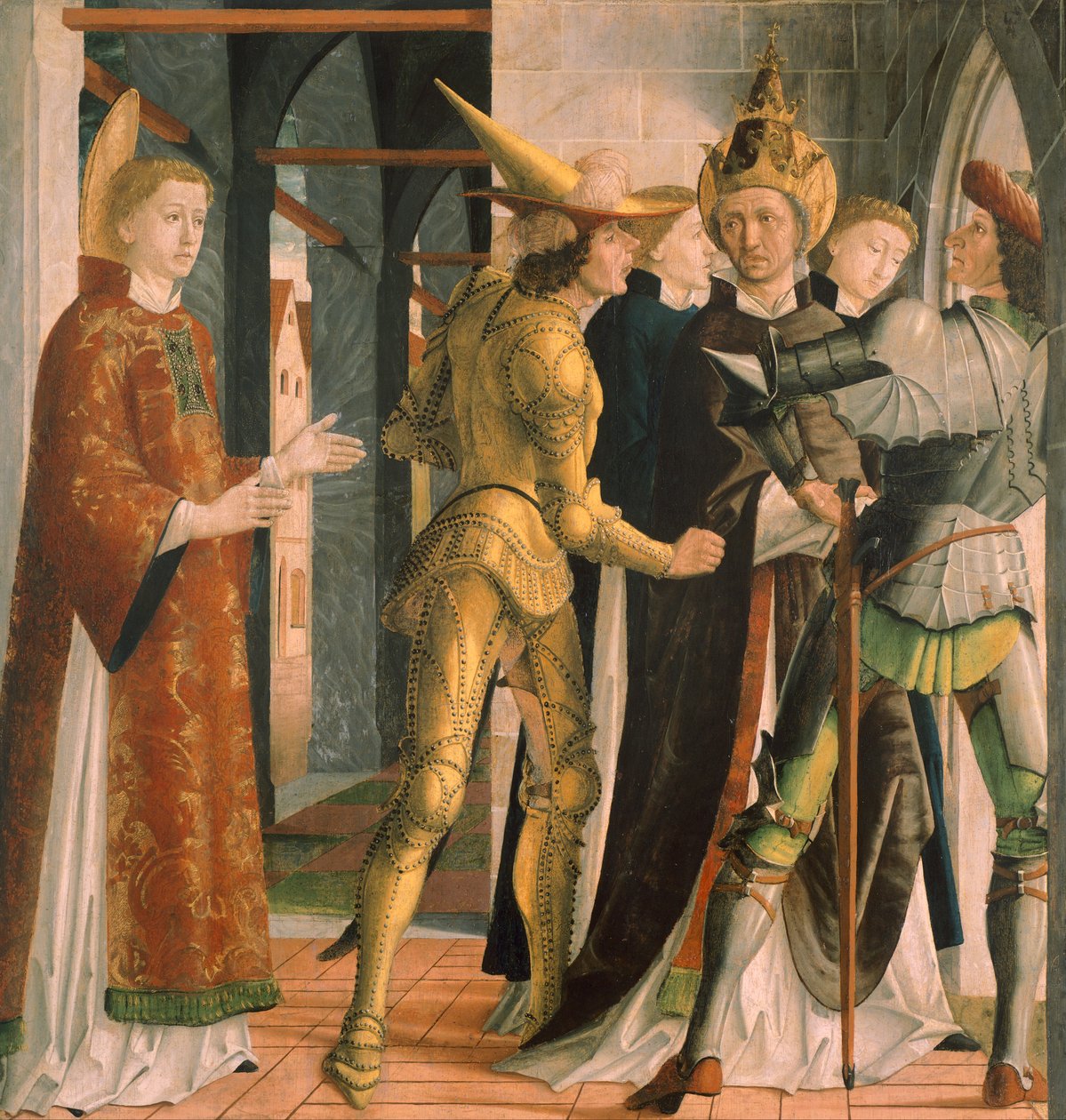 Papež Sixtus II na dovolené od svatého Vavřince, cca 1465, Michael Pacher (cca 1430-1498), panel od Michael Pacher