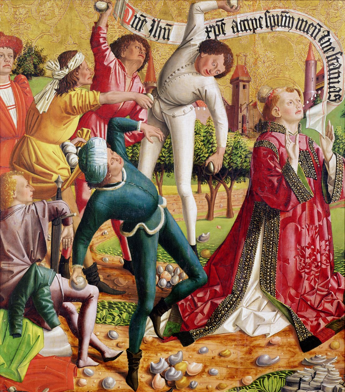 Kamenování sv. Štěpána, z oltářního obrazu sv. Štěpána, kolem roku 1470 od Michael Pacher