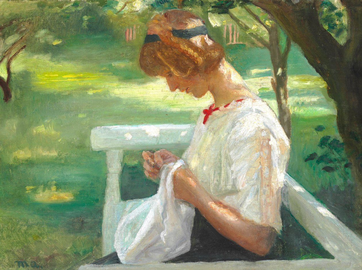 Ella Saxildová šije v letním dni na zahradě. od Michael Peter Ancher