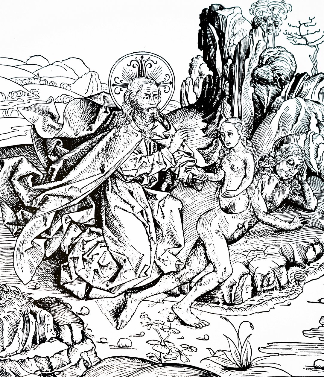 Stvoření Adama a Evy z Norimberské kroniky od Michael & Pleydenwurff W. (d.1494) Wolgemuth