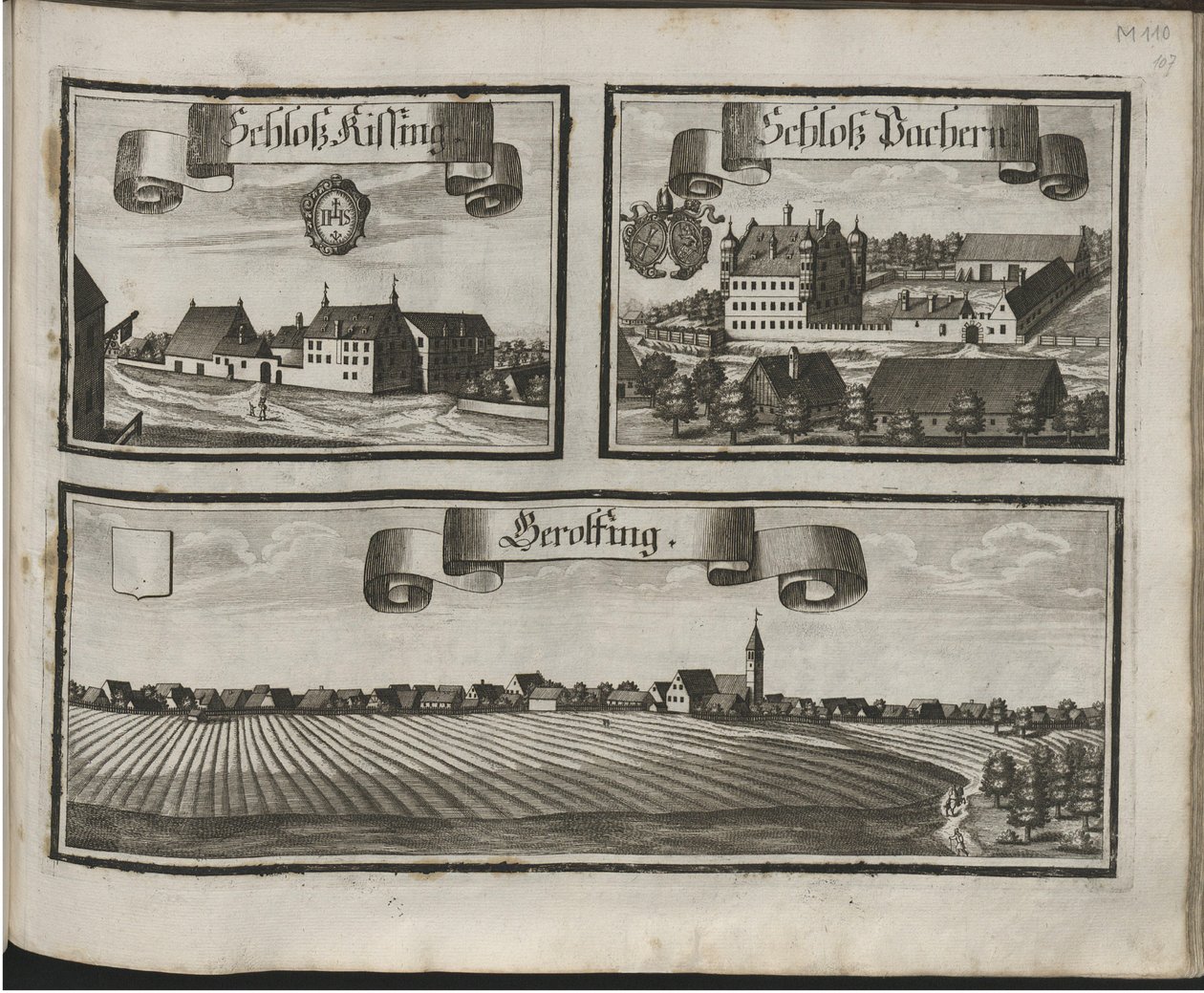 Německy: Historico-Topographica Descriptio. To znamená: Description, deß Churfürsten- und Hertzogthums Ober- und Nidern Bayrn : Welches In vier Theilter oder Renntämbter, Als Oberlandts München und Burgkhausen, Unterlandts aber in Landshuet und Straubing a od Michael Wening