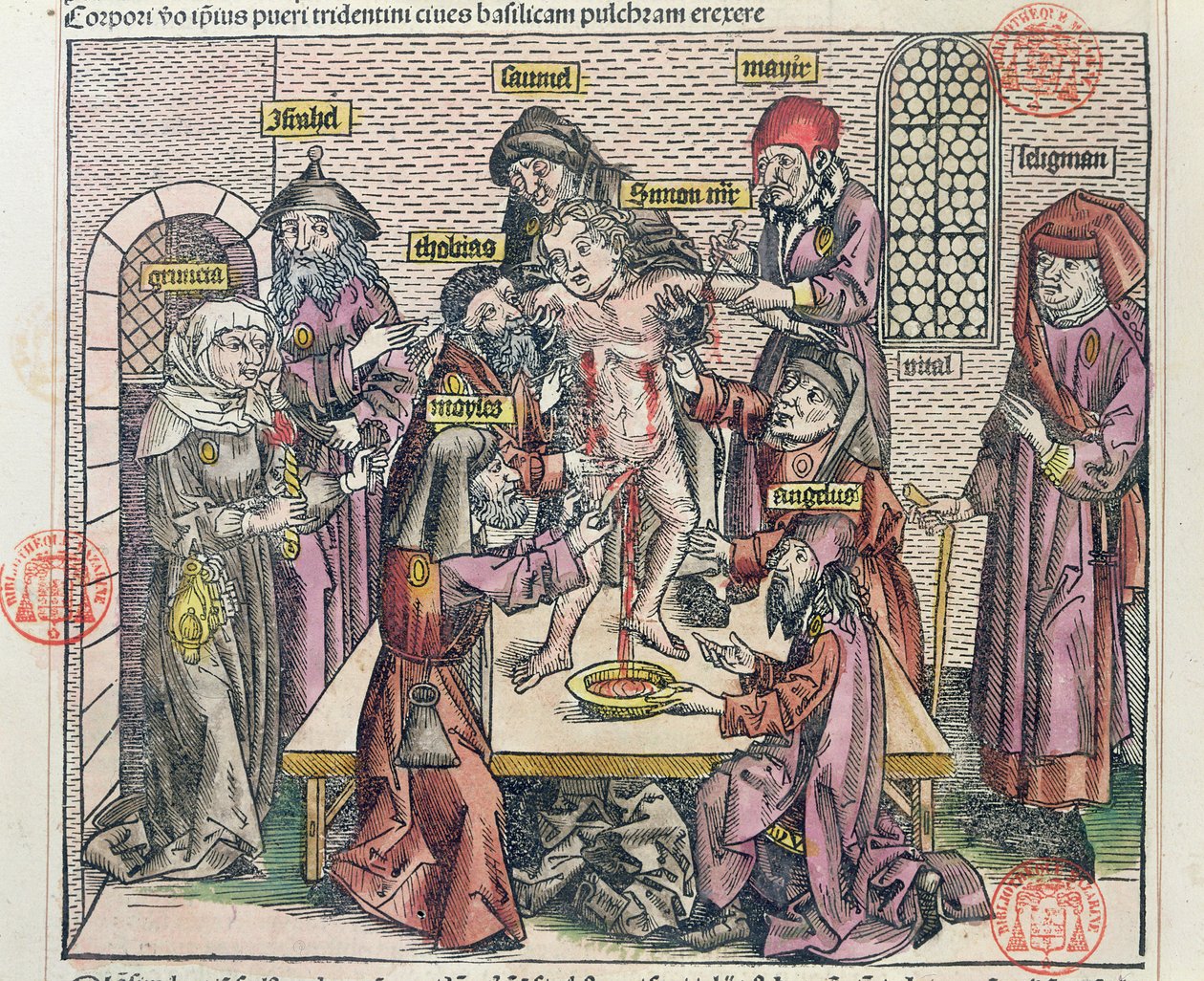 Umučení Šimona v Tridentu, podle dřevorytu v "Liber Chronicarum Mundi", vydáno v Norimberku, 1493 od Michael Wolgemut