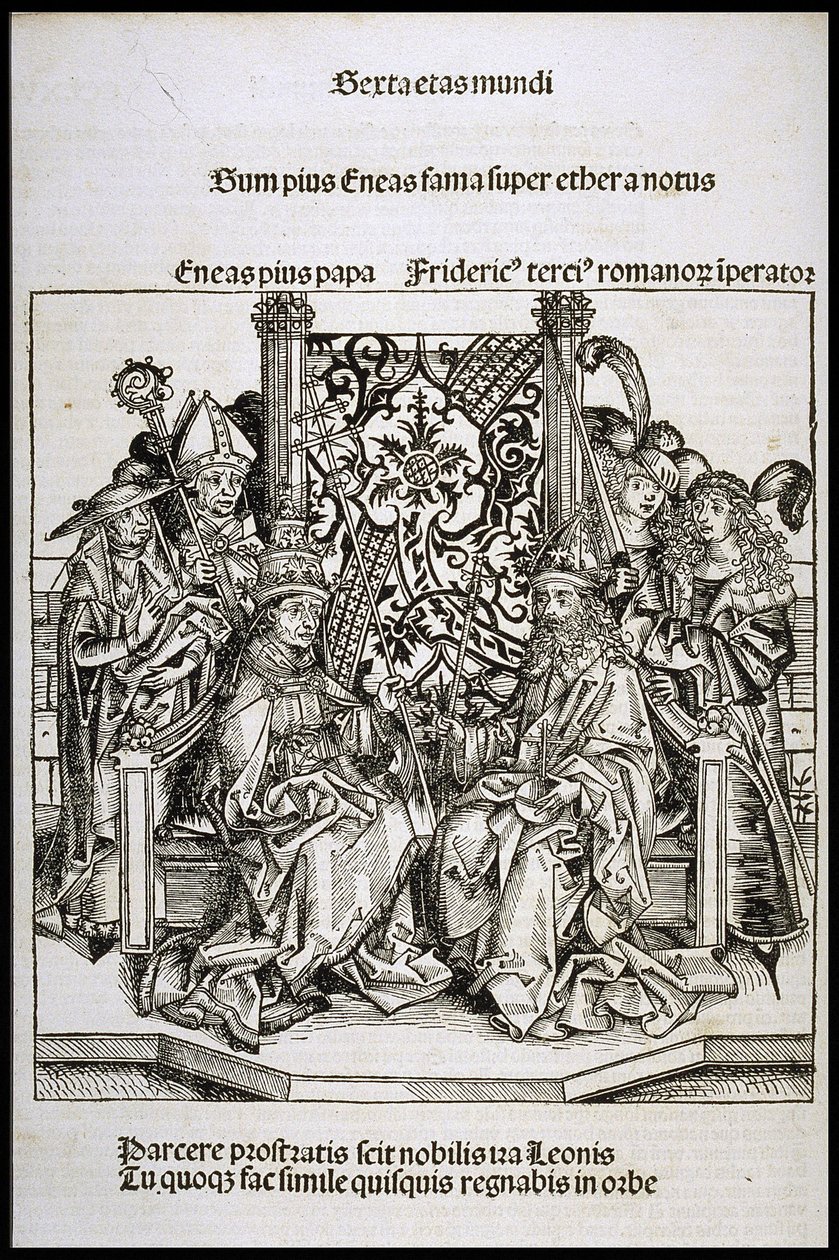 Setkání mezi papežem Piem II. a Fridrichem III., německým císařem, cca 1493. od Michael Wolgemut
