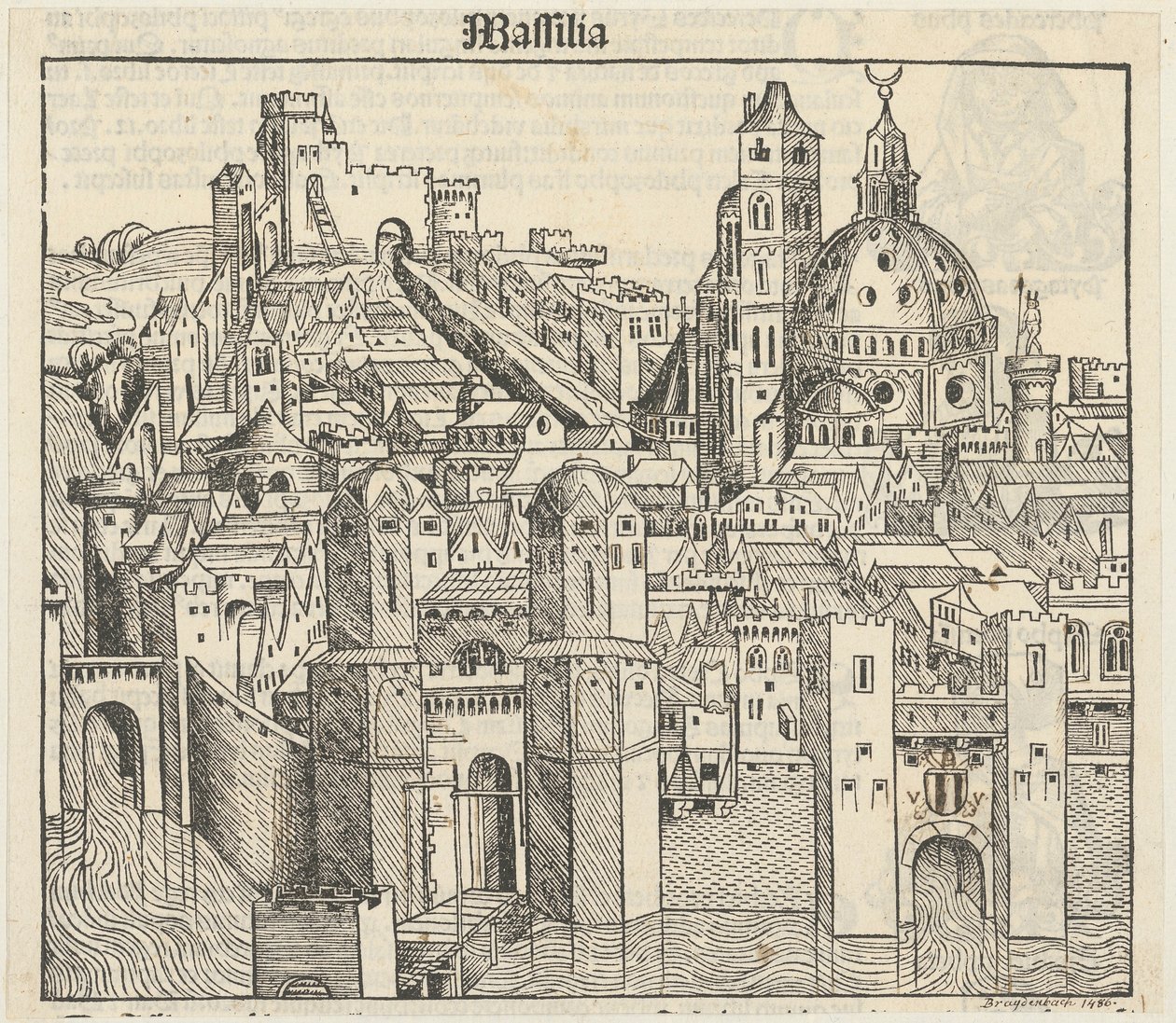 Phantasieansicht der Stadt Marseille [recto], drei Porträts (Phereades, Pythagoras und Sappho) [verso] od Michael Wolgemut