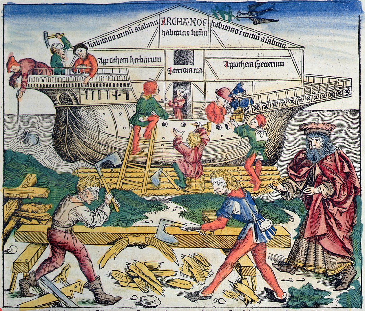 Stavba Noemovy archy, z Norimberské kroniky od Hartmanna Schedela, 1493 (barevný dřevoryt) od Michael Wolgemut